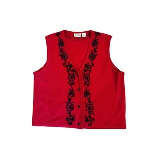 Club Classic Wool Vest Large Red Black Embroidered Button Front
